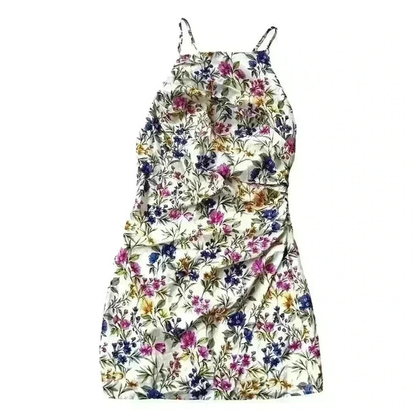 NWT EN SAISON Valeria Halter Strappy Ruched Floral Cotton Mini Dress Women Small - Picture 1 of 10